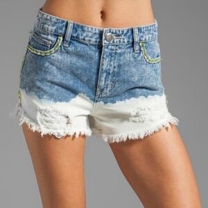 Free People Low Tide Dip Dye Bleach Embroidered Jean Shorts Raw Hem Size 28